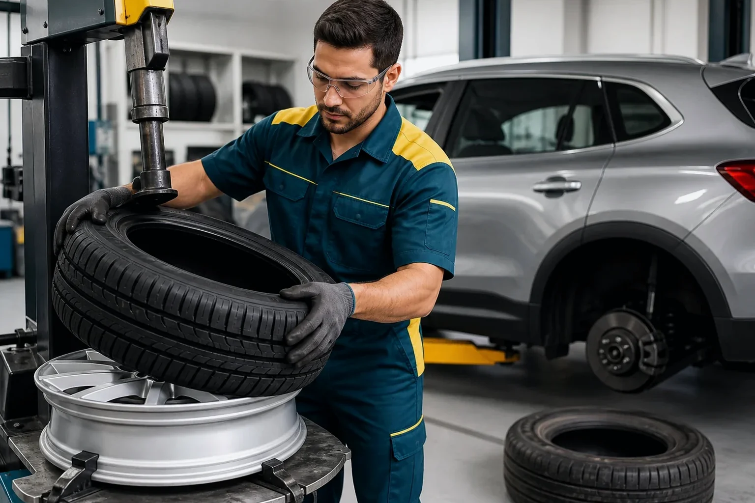 Técnico realizando a troca de pneus em uma borracharia em Linhares.